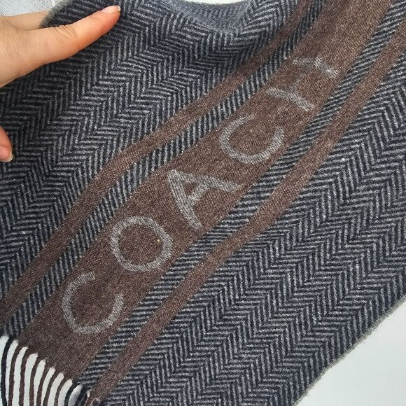Coach Wool Cashmere Scarf Herringbone & Stripe With Fringe 12"x66" Quiet Luxury - Picture 4 of 9